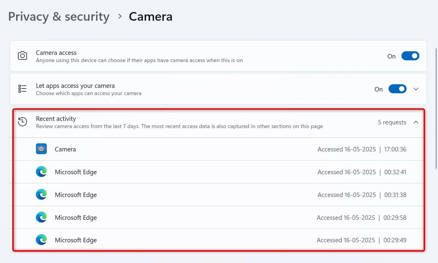 Lịch sử hoạt động gần đây của camera và micro trong cài đặt quyền riêng tư Windows 11