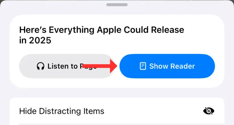 Màn hình hiển thị tùy chọn &quot;Show Reader&quot; trong menu Safari, cho phép người dùng kích hoạt chế độ Người đọc để tóm tắt nội dung.