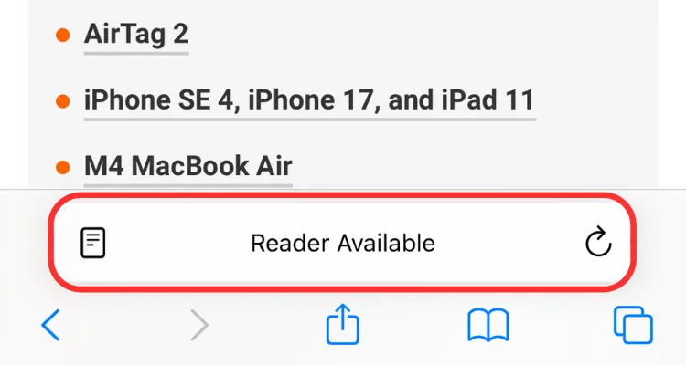 Màn hình Safari hiển thị thông báo &quot;Reader Available&quot; trên thanh địa chỉ, báo hiệu chế độ Người đọc sẵn sàng cho trang web đang mở.