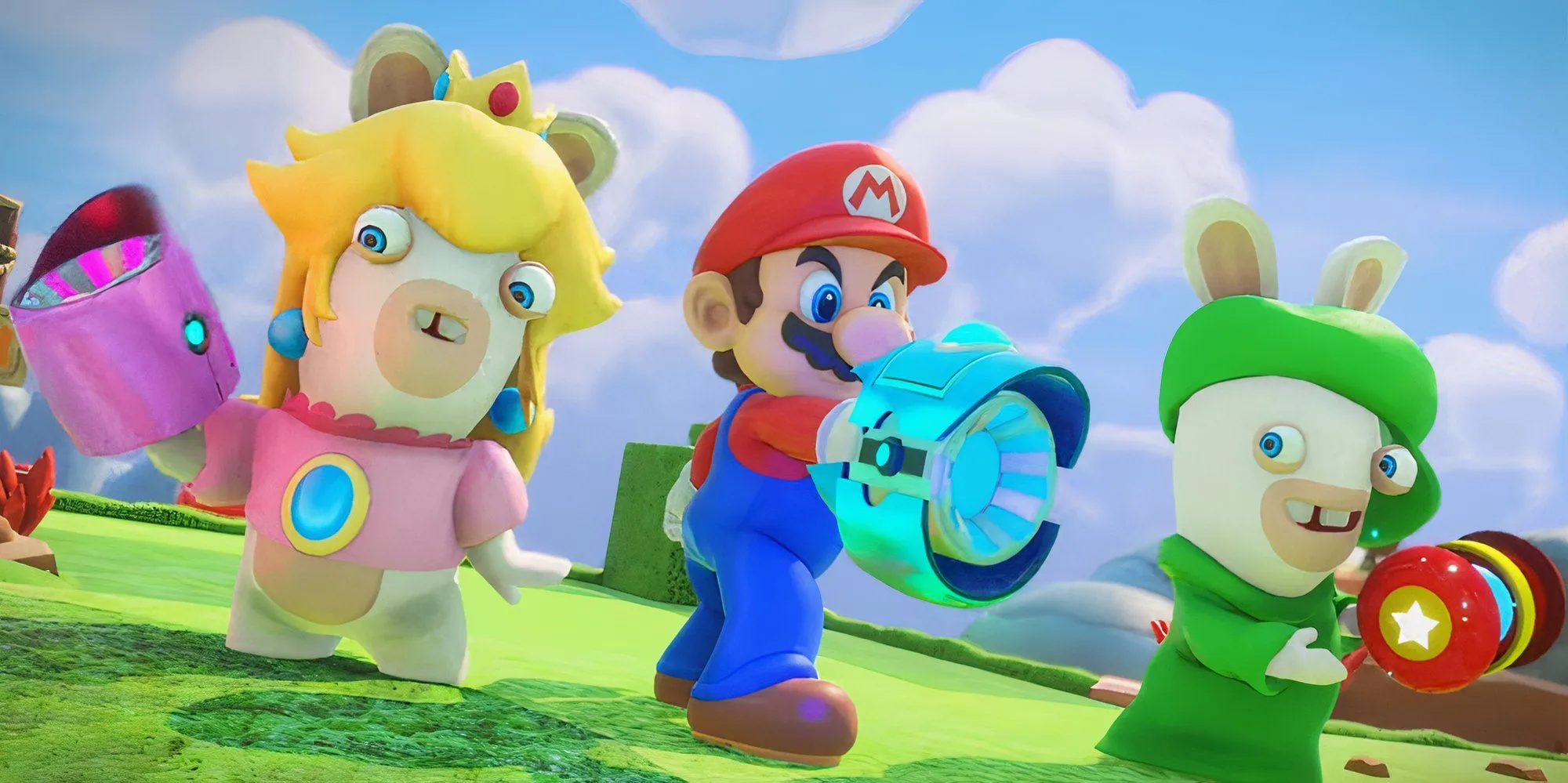 Mario trong trận chiến cùng hai nhân vật Rabbids trong Mario + Rabbids: Kingdom Battle