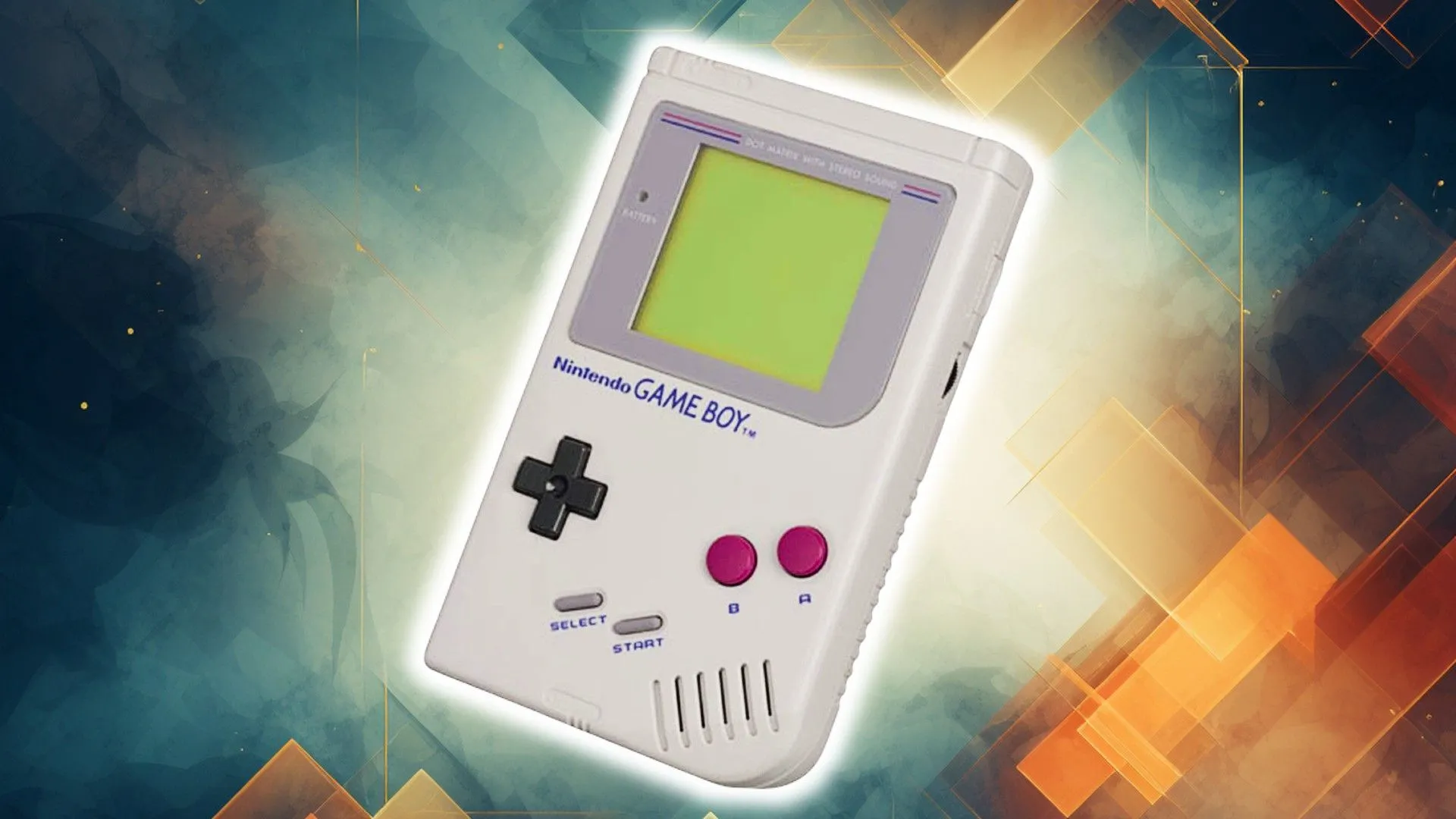 Máy chơi game cầm tay Game Boy màu xám đặt trên nền họa tiết lục giác, biểu tượng của sự nhỏ gọn và bền bỉ trong lịch sử gaming.