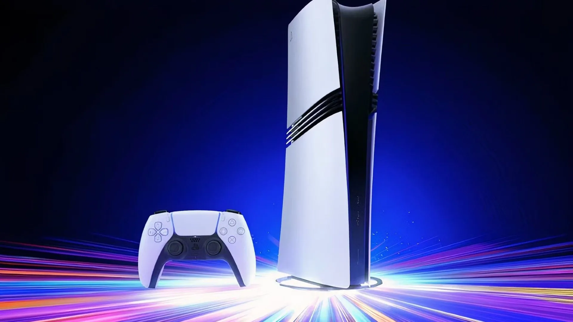 Máy chơi game PlayStation 5 Pro nổi bật trên nền xanh, với ánh sáng phản chiếu từ phía dưới, gợi mở về thế hệ console tiếp theo.