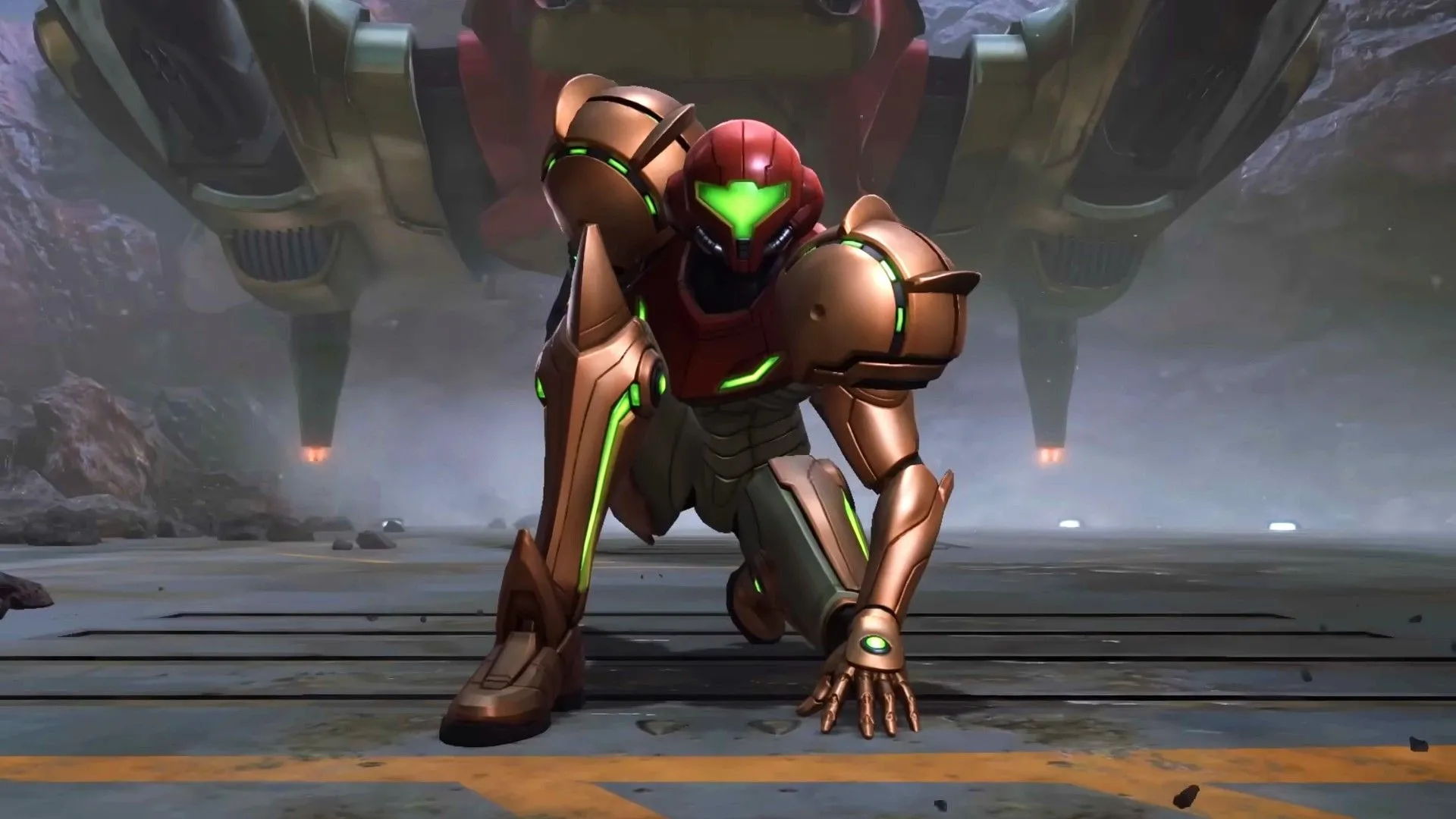 Nhân vật Samus từ Metroid Prime 4 Beyond đặt tay xuống đất, hình ảnh cho thấy sự trở lại của tựa game trên Nintendo Switch.