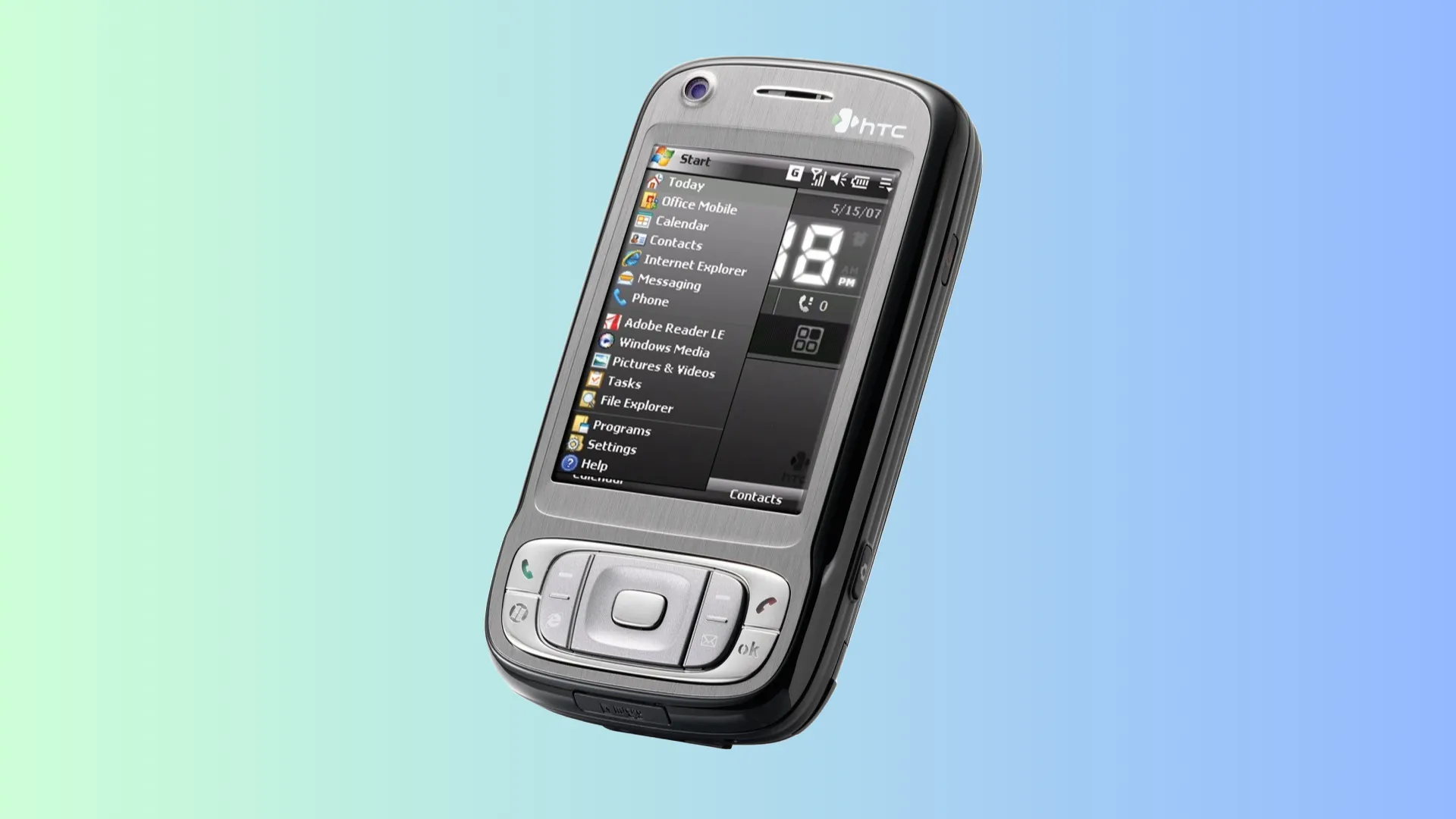 Smartphone HTC TyTN II màu xanh lam với bàn phím QWERTY trượt và hệ điều hành Windows Mobile