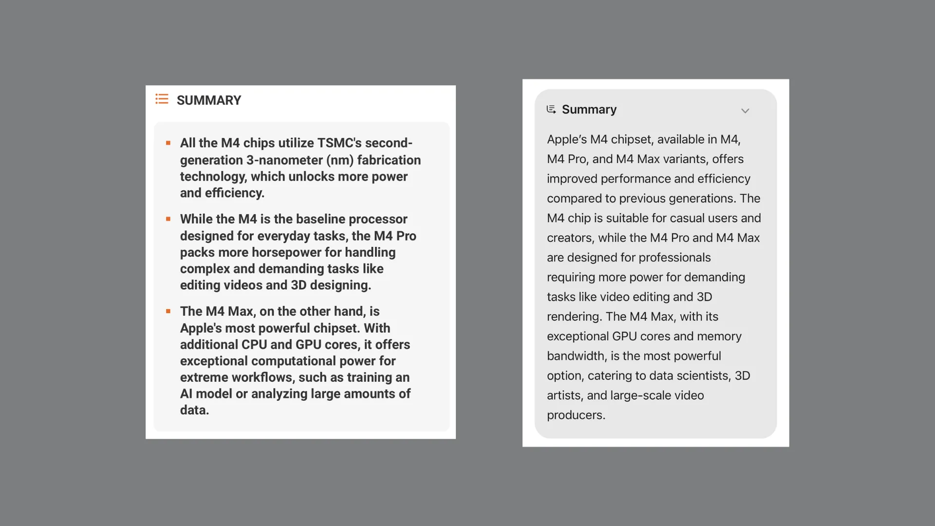 So sánh tóm tắt thủ công và tóm tắt tự động bằng Webpage Summaries của Apple Intelligence về các chip M4, minh họa sự khác biệt về chi tiết.
