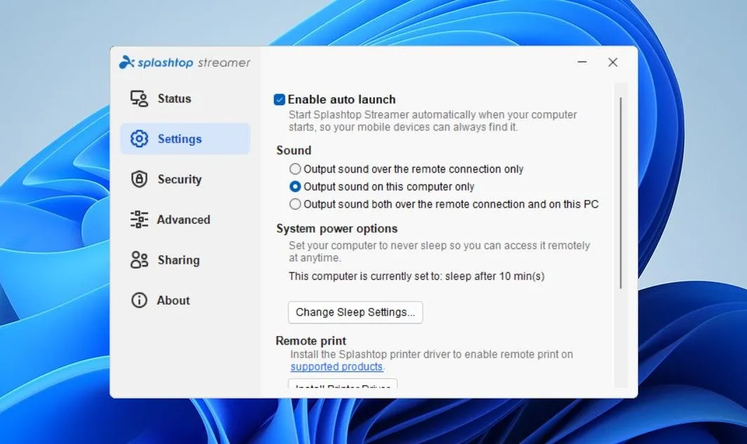 Tab Settings của ứng dụng Splashtop Streamer trên Windows, nơi cấu hình các tùy chọn điều khiển từ xa.