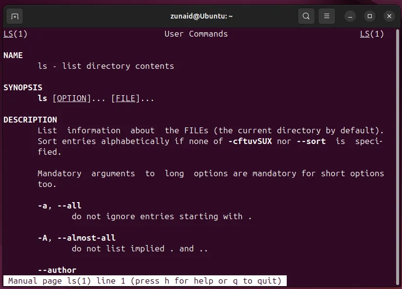 Trang man page của lệnh ls trong Linux terminal