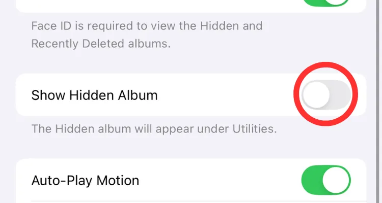 Tùy chọn &quot;Hiển thị Album Ẩn&quot; trong cài đặt ứng dụng Ảnh trên iPhone