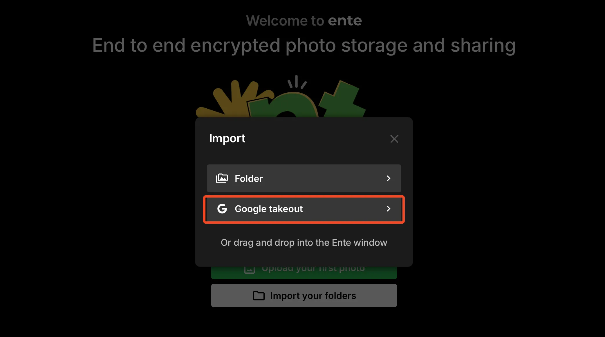 Tùy chọn nhập dữ liệu từ Google Takeout trong ứng dụng Ente Photos desktop, hướng dẫn chọn các file ZIP đã tải xuống.