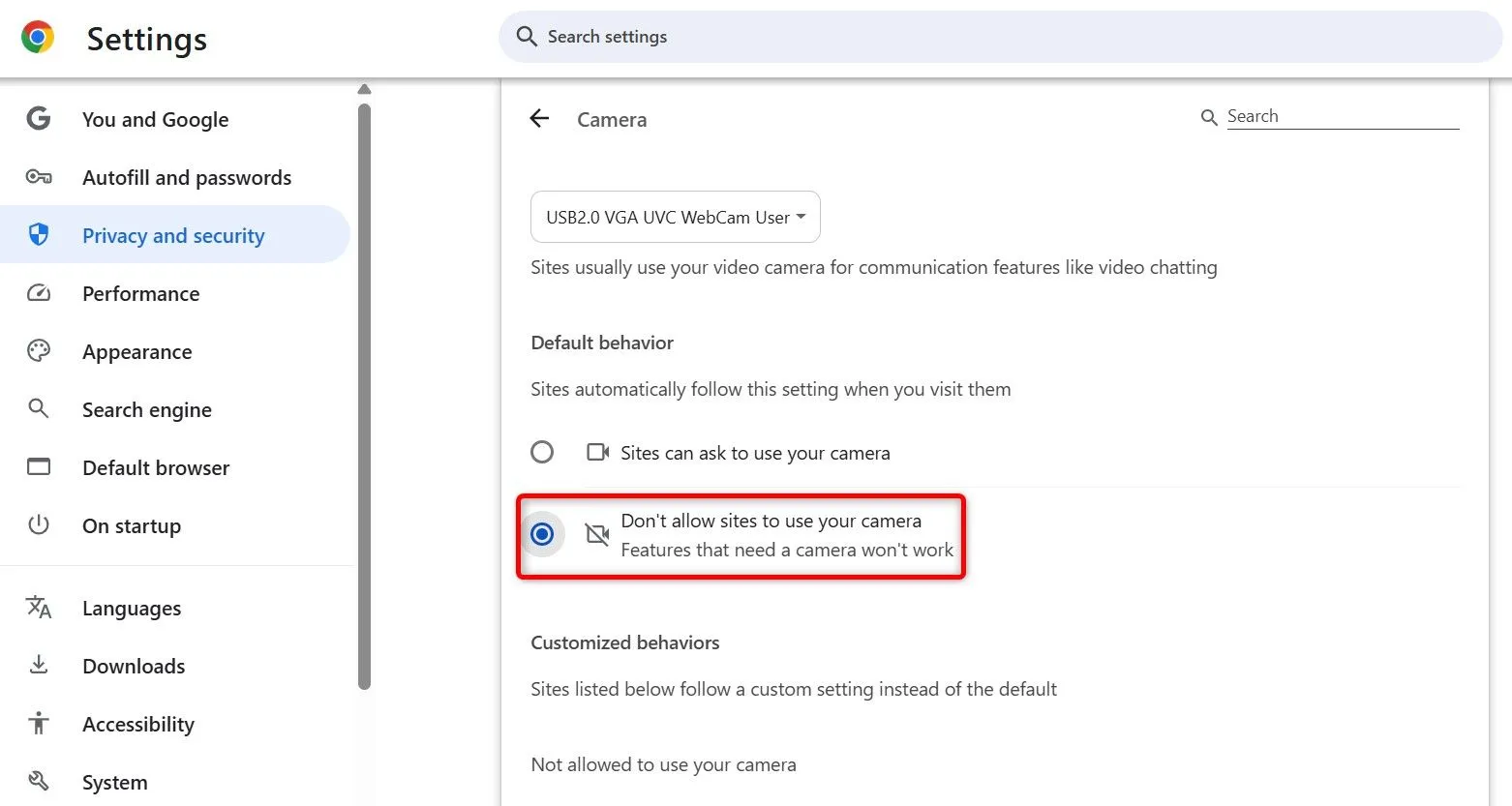 Tùy chọn vô hiệu hóa quyền truy cập camera cho trang web trong cài đặt Google Chrome