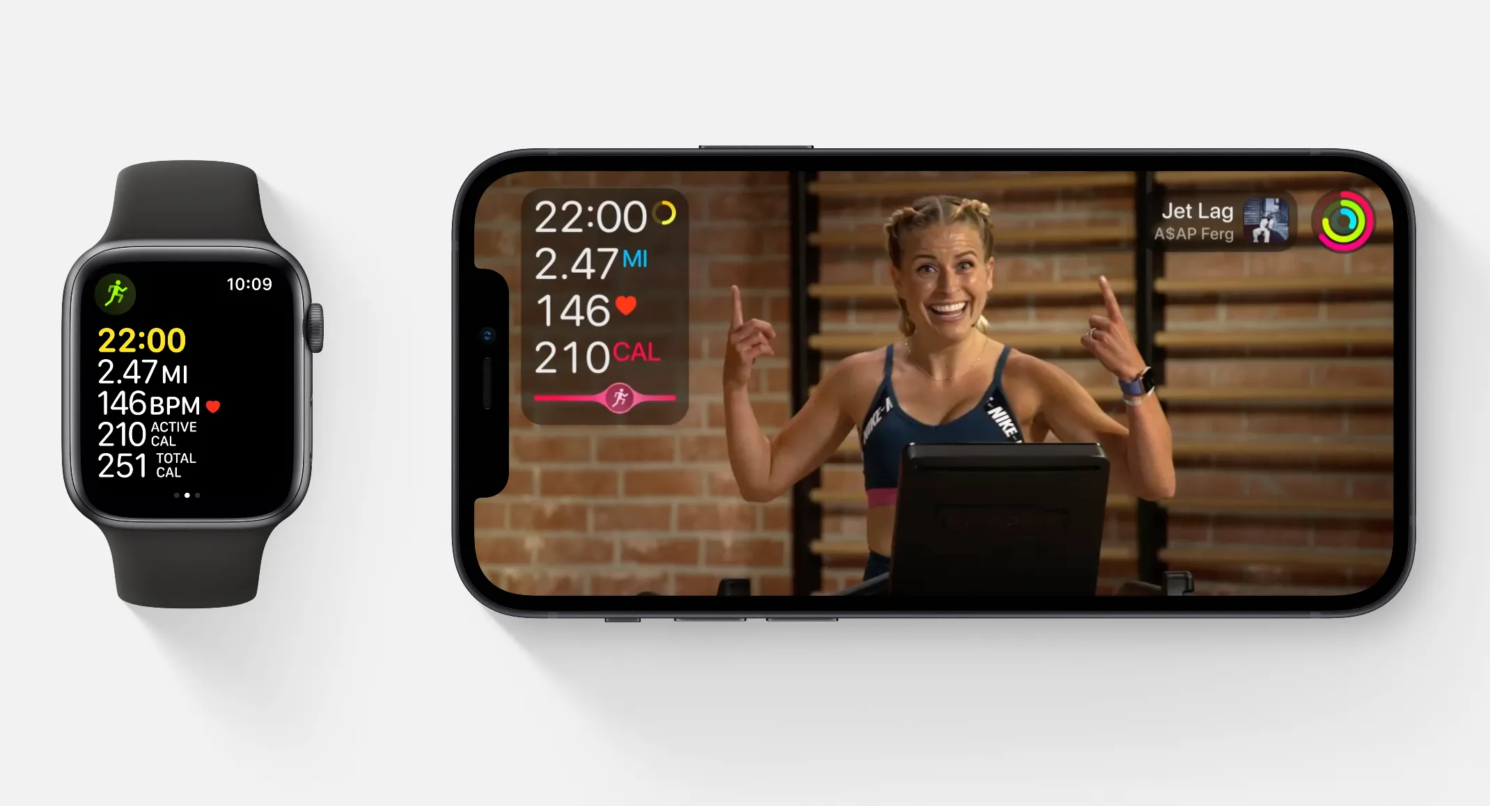 Ứng dụng Apple Fitness+ hiển thị trên Apple Watch và iPhone, minh họa tính năng Workout Buddy