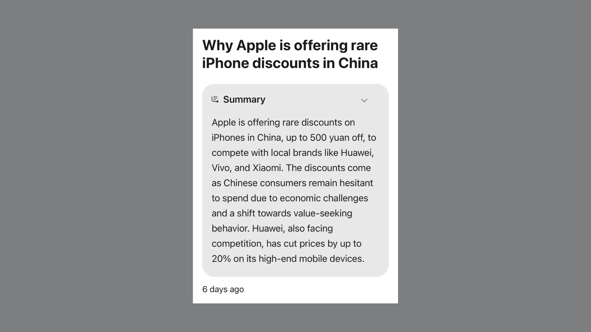 Ví dụ về khả năng tóm tắt của Webpage Summaries của Apple Intelligence đối với một bài báo tin tức từ BBC về chiến lược giảm giá của Apple tại Trung Quốc.