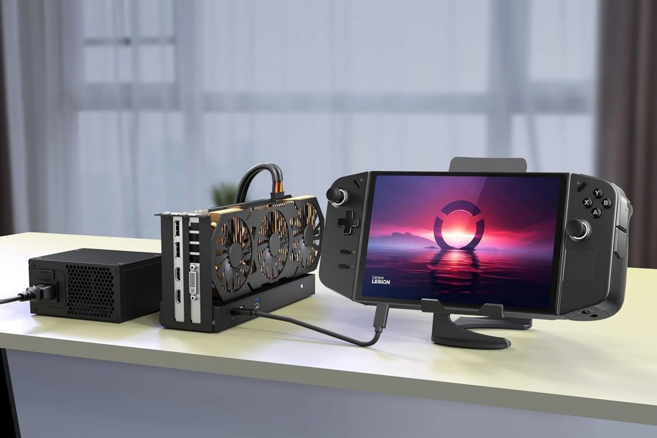 Vỏ bọc eGPU mini TREBLEET Thunderbolt 3 với card đồ họa và PSU được cài đặt, kết nối với Lenovo Legion GO