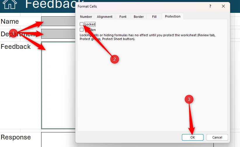 Ba ô đã chọn trong Excel và tùy chọn 'Locked' trong thẻ Protection của hộp thoại Format Cells đã được bỏ chọn