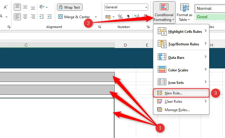 Ba ô trong Excel được chọn, và 'New Rule' (Quy tắc mới) trong menu thả xuống Conditional Formatting được làm nổi bật