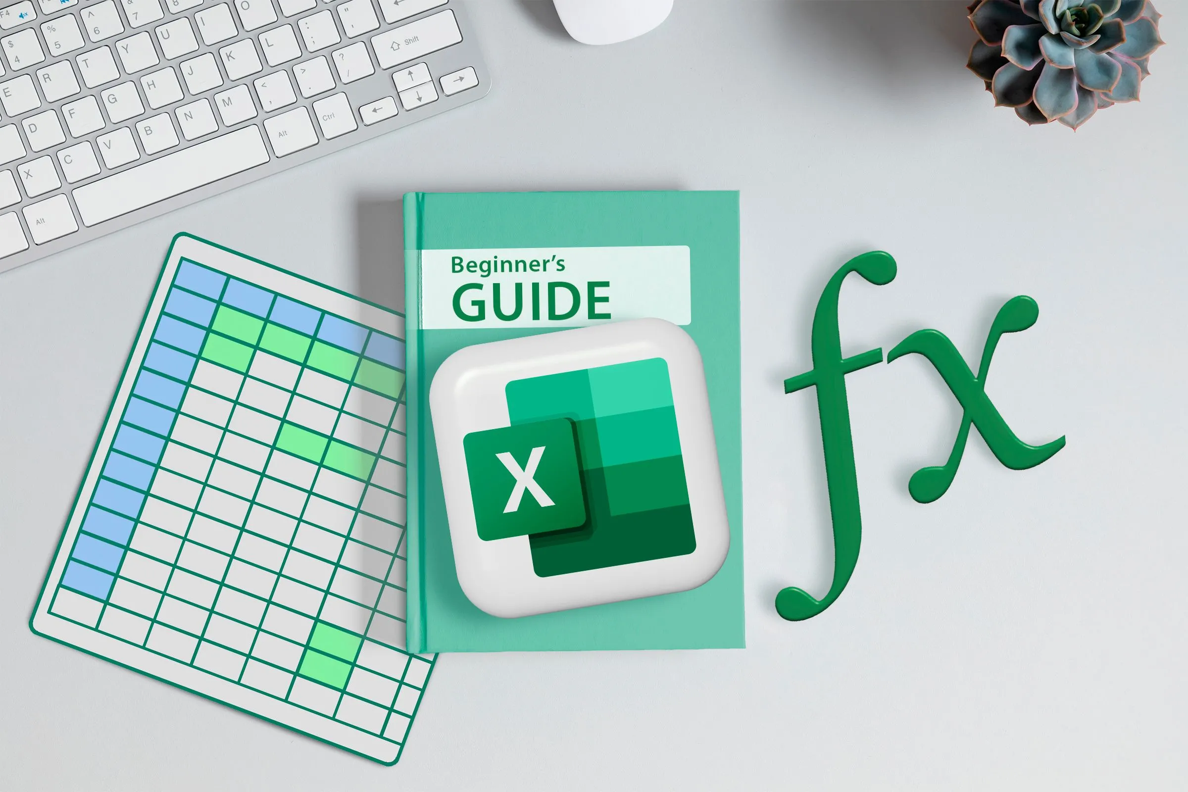 Bàn làm việc với sách có logo Excel và bàn phím, gợi ý hướng dẫn sử dụng công thức và hàm trong Excel.