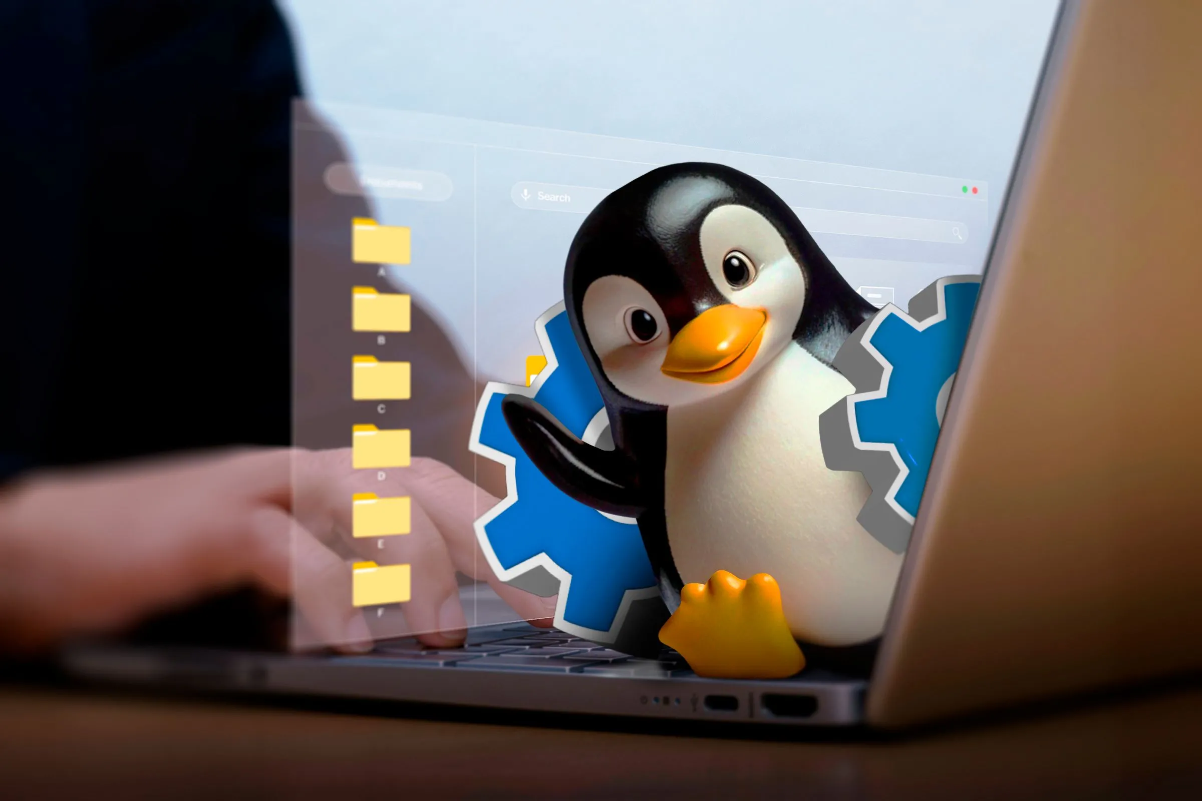 Biểu tượng linh vật Linux Tux xuất hiện từ màn hình laptop, tượng trưng cho việc hồi sinh máy tính cũ với Linux
