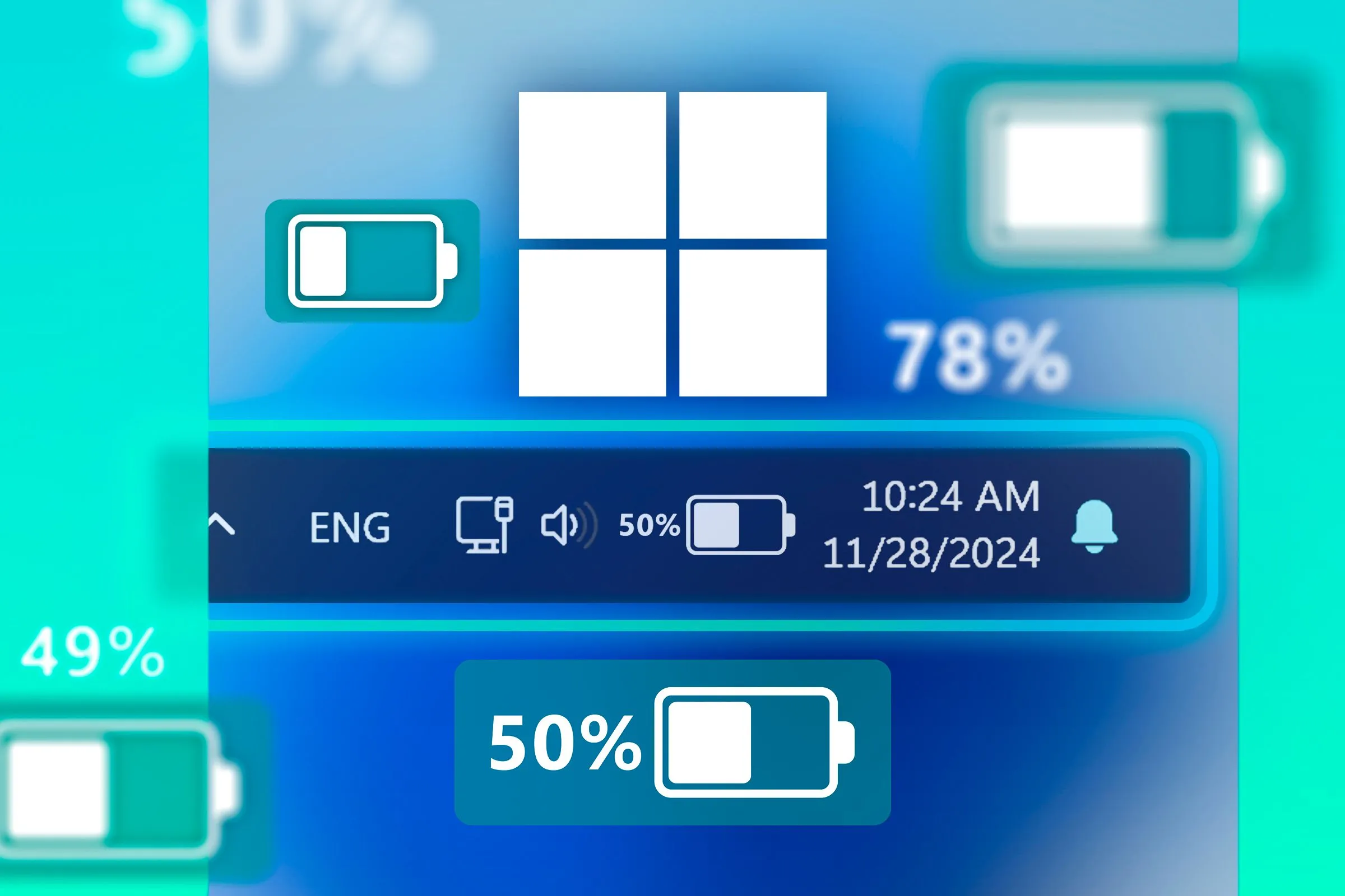 Biểu tượng pin trên thanh tác vụ Windows với phần trăm hiển thị, cùng các biểu tượng pin khác xung quanh, thể hiện trạng thái năng lượng