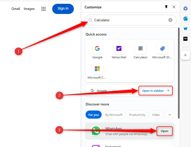 Các tùy chọn tùy chỉnh thanh bên của Microsoft Edge được làm nổi bật.