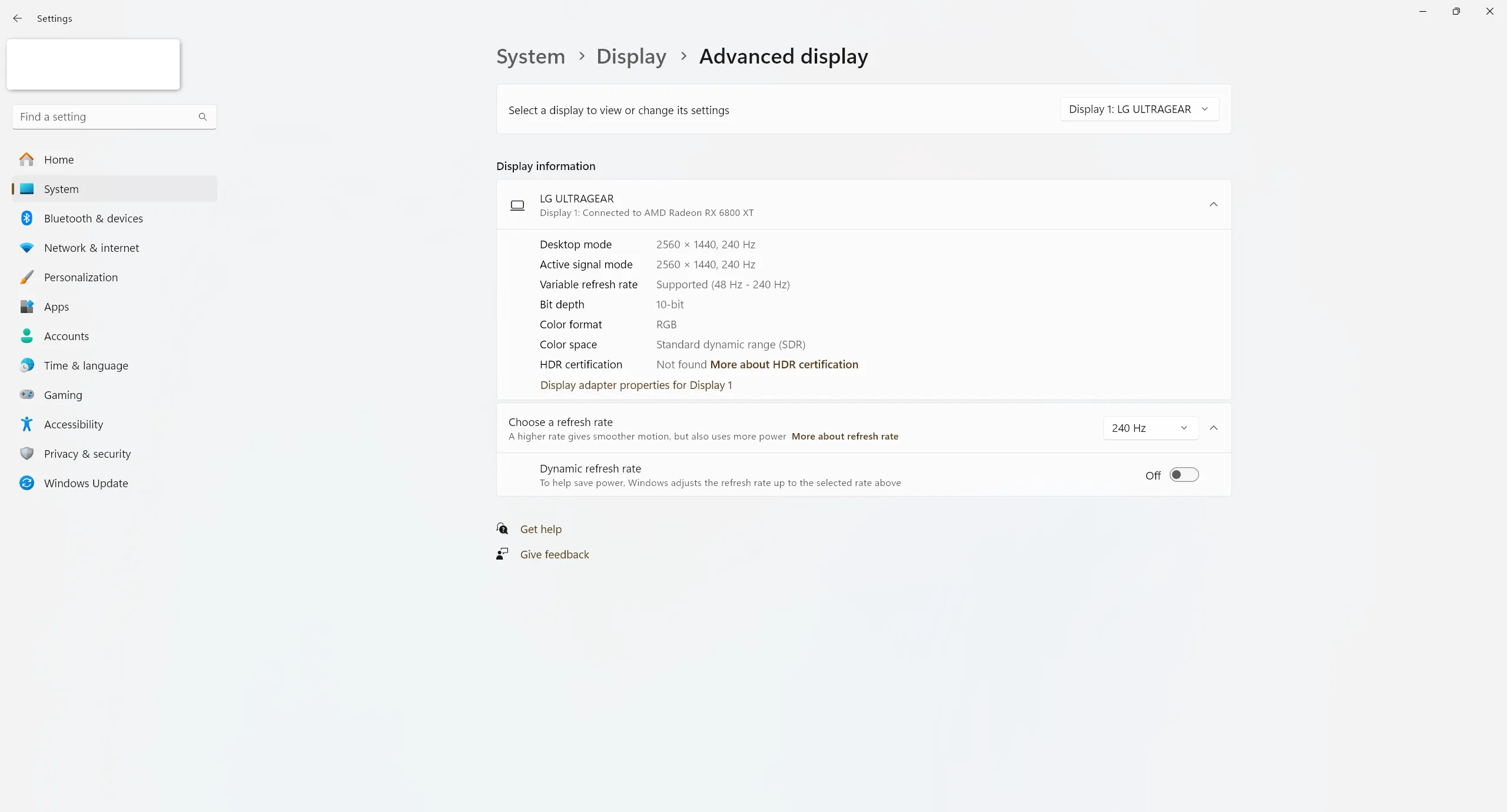 Cài đặt tần số quét của màn hình trong mục Advanced Display trên Windows 11, cho phép chọn tốc độ làm mới tối đa