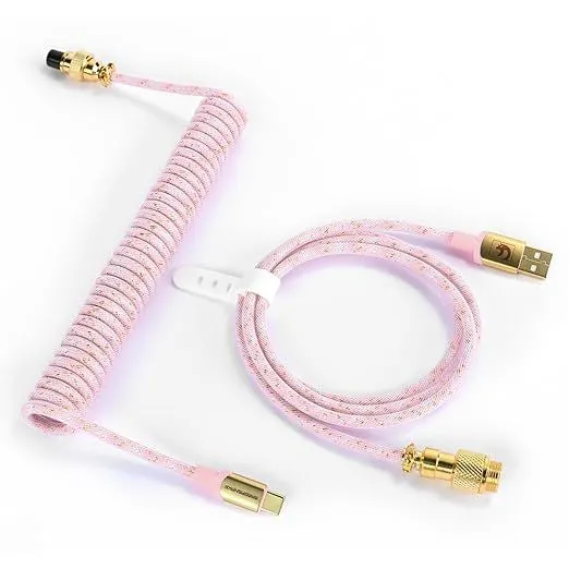 Cáp bàn phím ATTACK SHARK Custom Coiled USB C to A màu hồng với thiết kế xoắn độc đáo