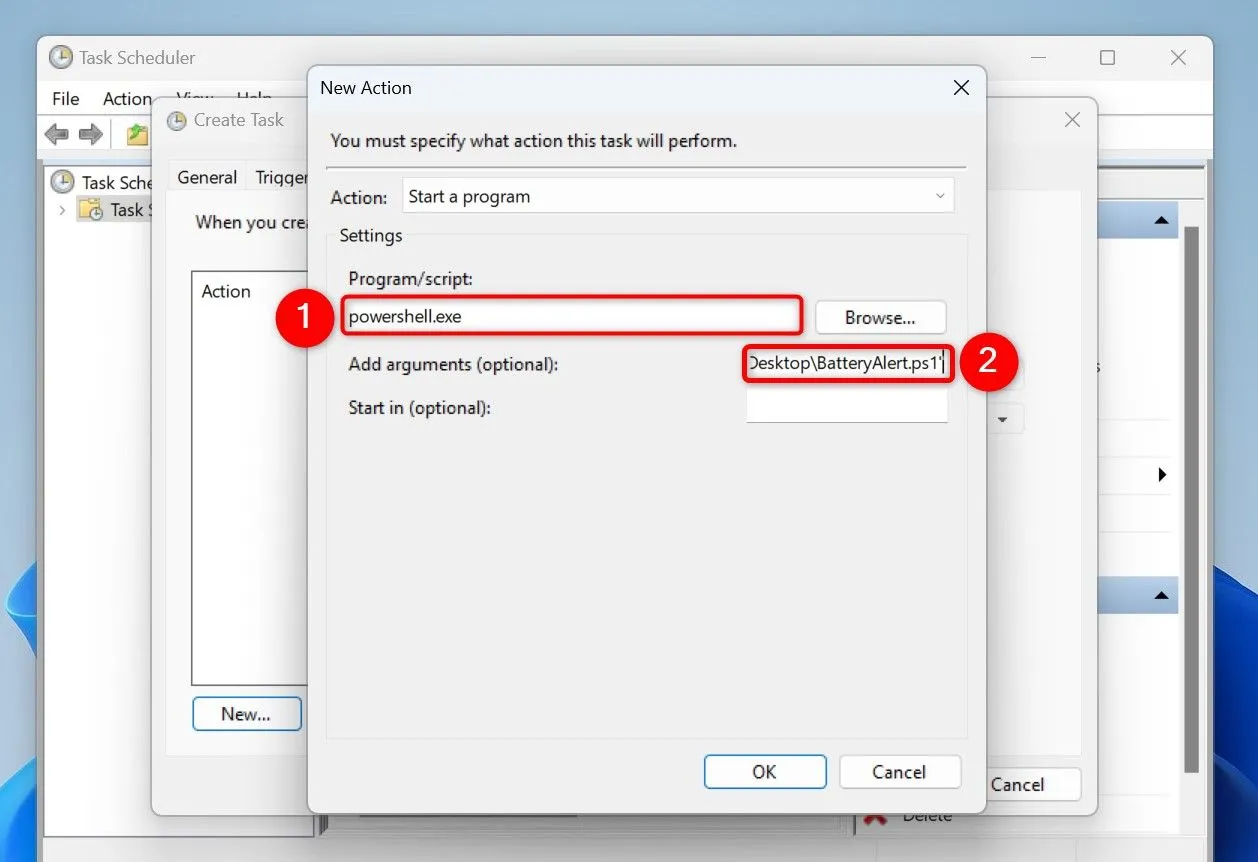 Cấu hình hành động cho tác vụ cảnh báo pin bằng PowerShell trong Task Scheduler