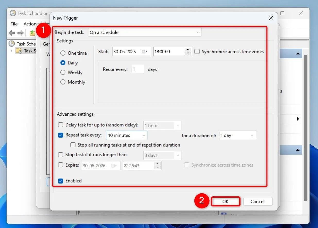 Cấu hình lịch trình chạy tác vụ đồng bộ file trong Task Scheduler