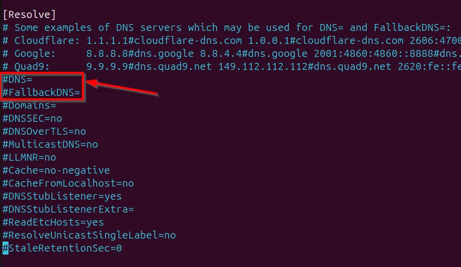 Chỉnh sửa cài đặt DNS trong file /etc/systemd/resolved.conf trên Ubuntu