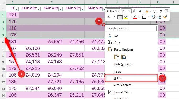 Chọn các hàng trống trong Excel và nhấn &quot;Delete&quot; từ menu chuột phải để xóa