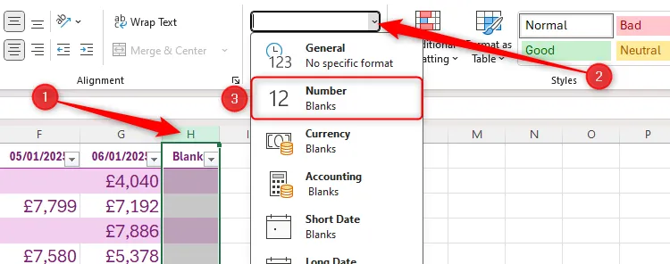 Chọn cột H và định dạng số trong menu &quot;Number Format&quot; trên tab Home của Excel
