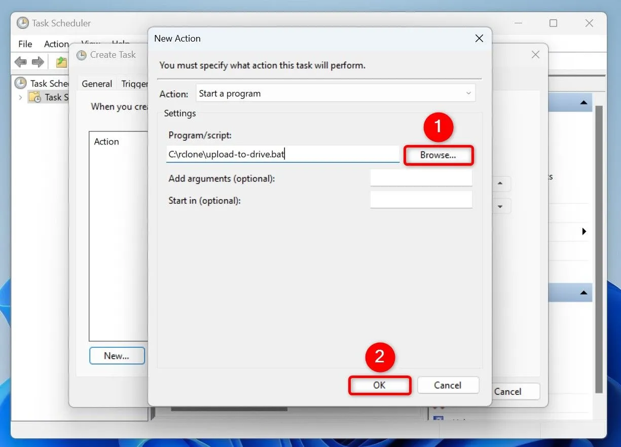 Chọn file batch (.bat) làm hành động thực thi cho tác vụ trong Task Scheduler