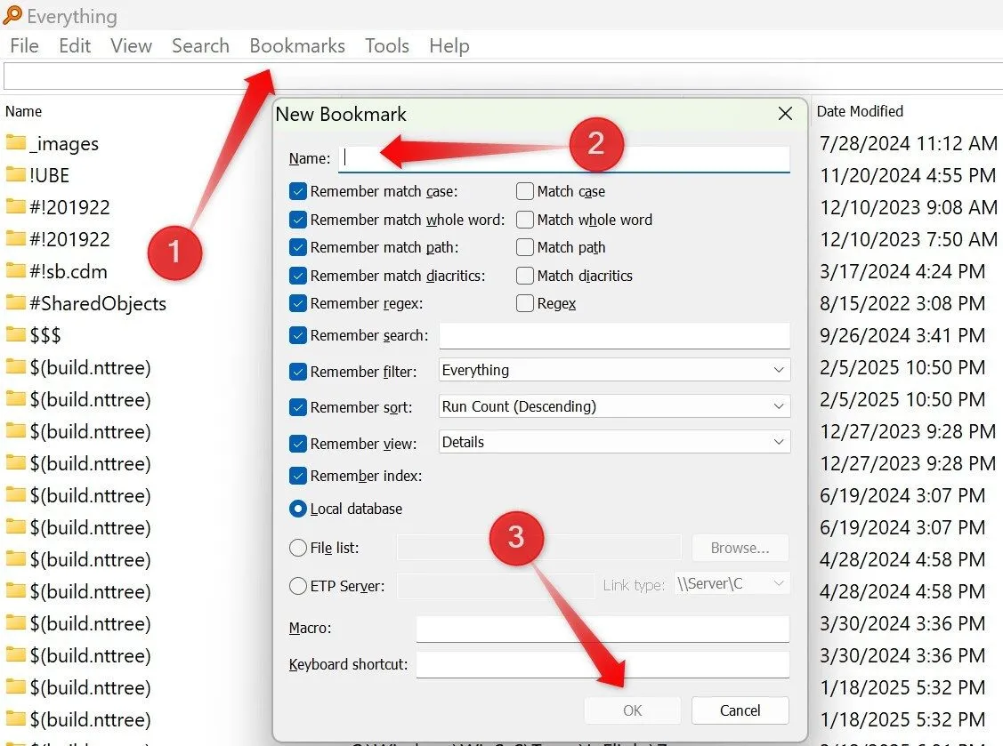 Cửa sổ &quot;Add Bookmark&quot; trong Everything, cho phép người dùng lưu lại các truy vấn tìm kiếm thường dùng để truy cập nhanh.