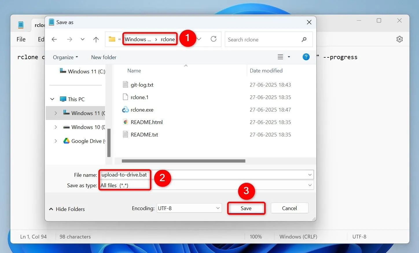 Cửa sổ Notepad hiển thị đoạn mã script để đồng bộ file với Rclone