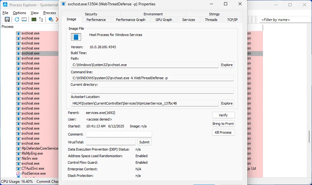 Cửa sổ Properties (Thuộc tính) của một tiến trình trong Process Explorer, cung cấp các tab thông tin sâu như hiệu suất, đường dẫn và bảo mật.