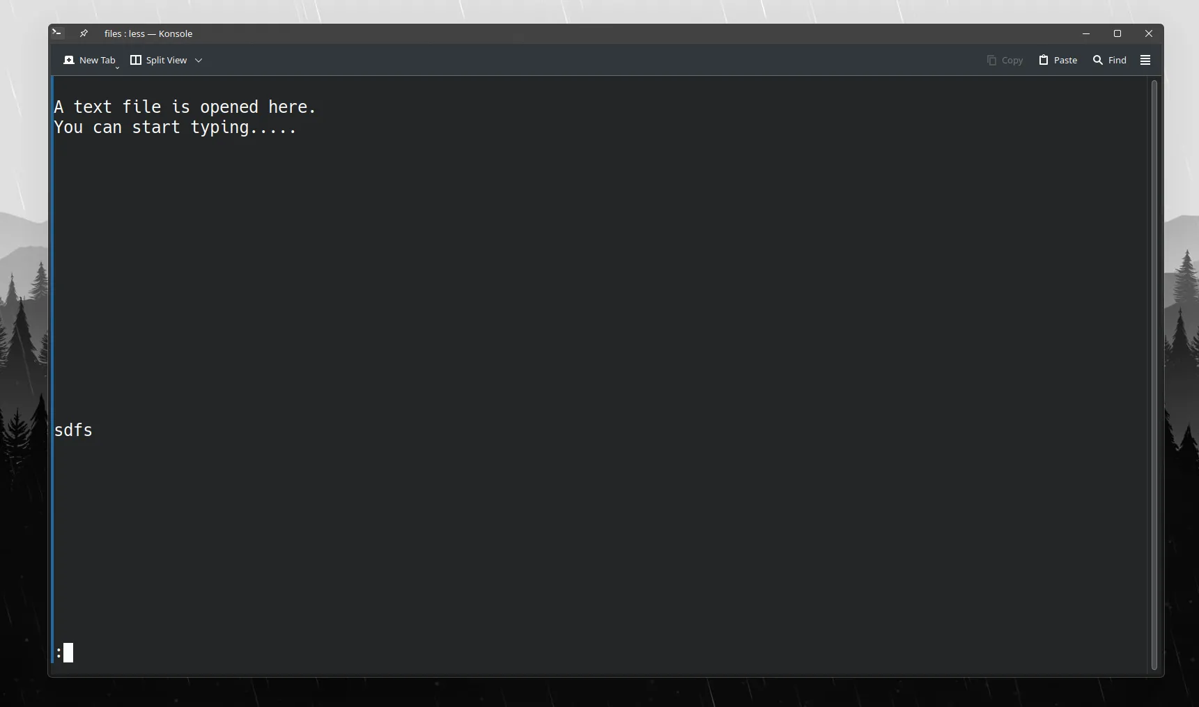 Cửa sổ Terminal hiển thị một file văn bản đang được mở và cuộn bằng lệnh 'less' trong Linux, tối ưu cho file lớn