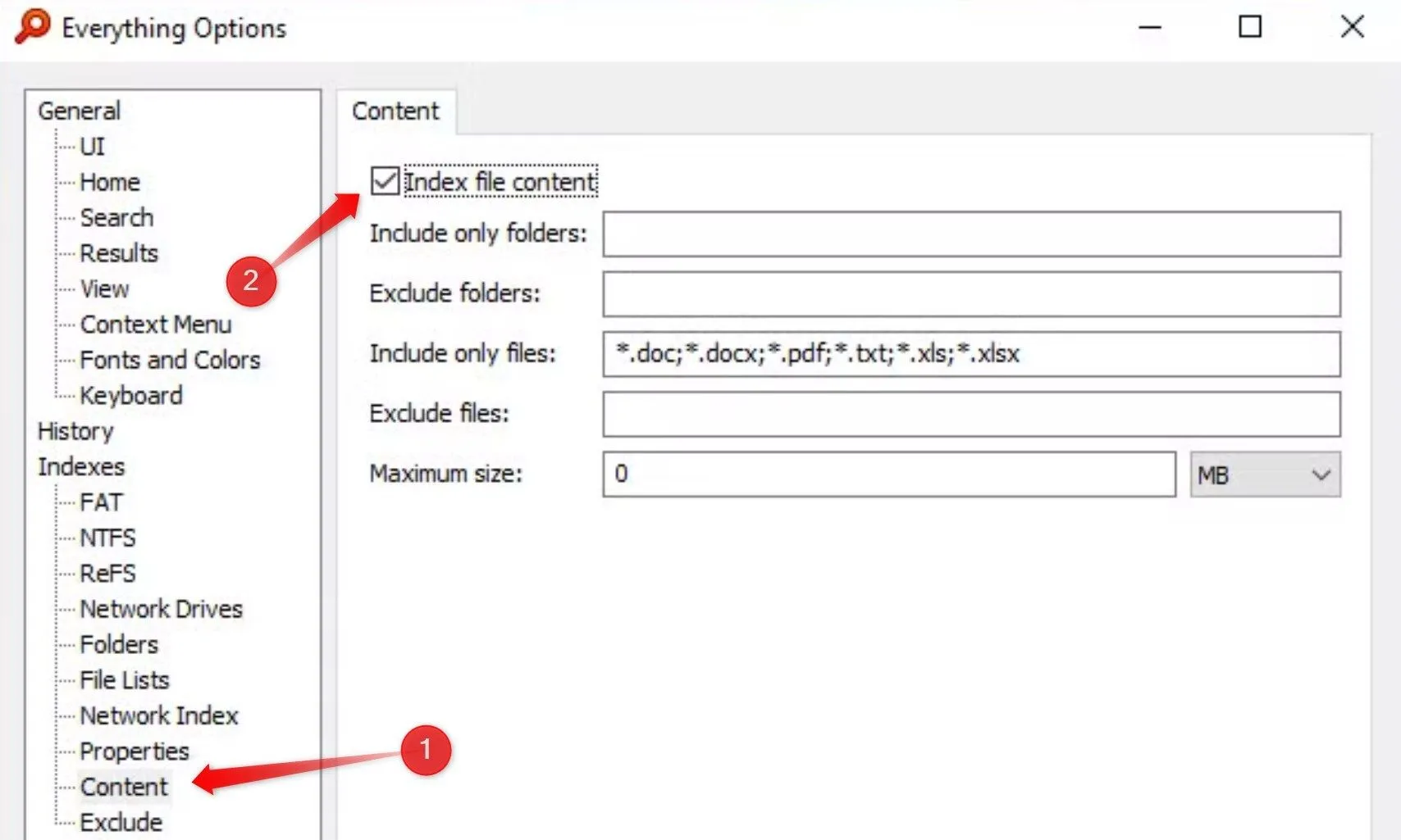 Cửa sổ tùy chọn Everything hiển thị tab &quot;Indexes&quot; với tùy chọn &quot;Index File Content&quot; được bật, cho phép tìm kiếm nội dung bên trong các tập tin.