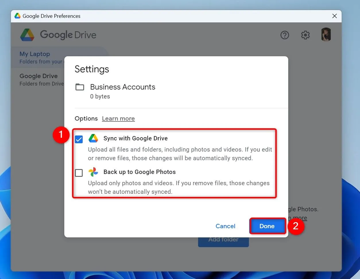 Cửa sổ tùy chọn loại tải lên: đồng bộ với Google Drive hoặc Google Photos