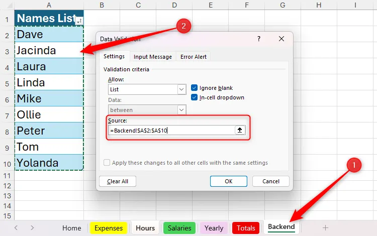 Danh sách tên trong bảng được chọn làm Nguồn cho quy tắc Xác thực Dữ liệu trong Microsoft Excel