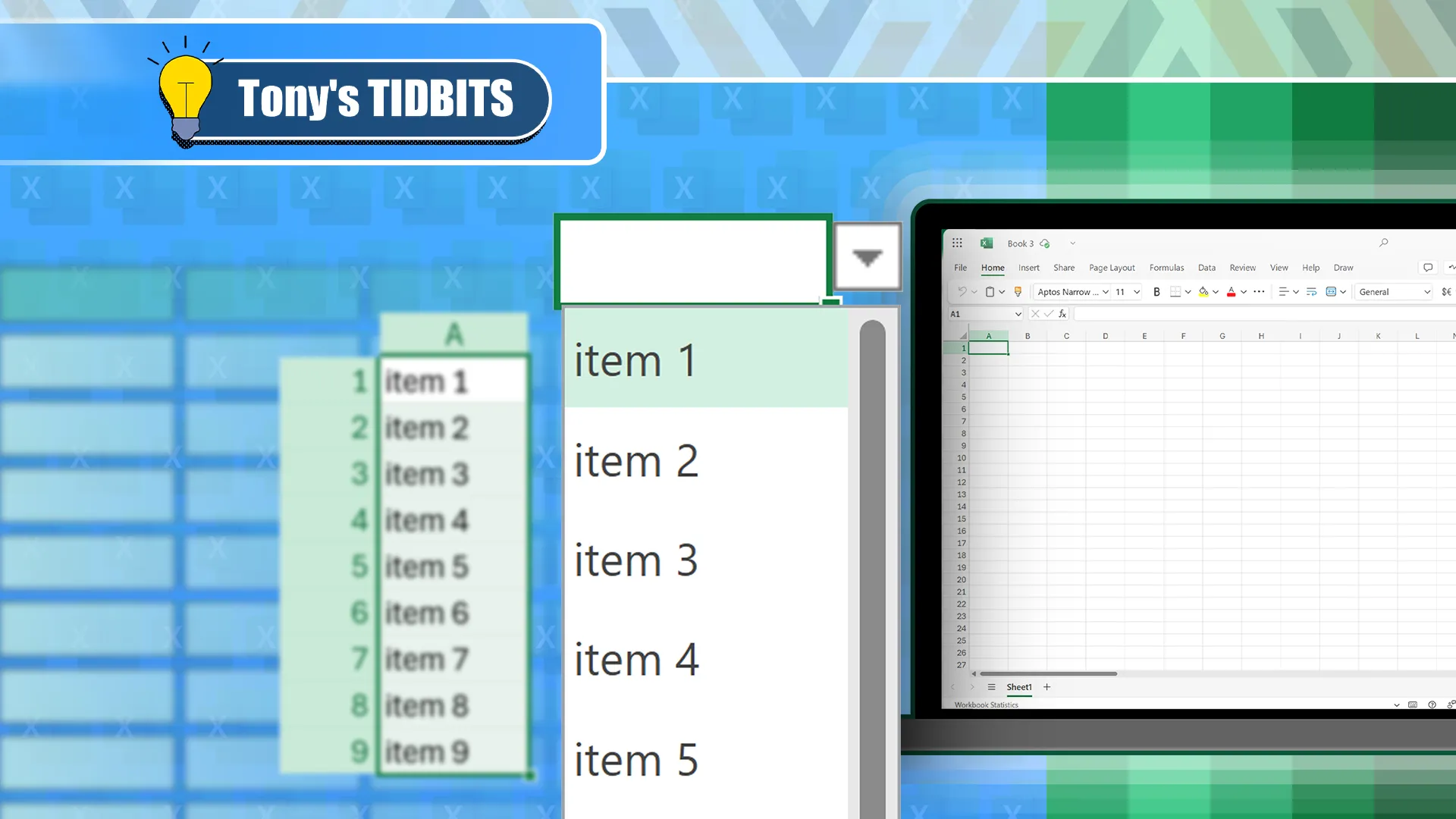 Danh sách thả xuống trong Microsoft Excel với cột bên trái chứa các mục và máy tính xách tay bên phải, minh họa cách tạo danh sách tùy chỉnh