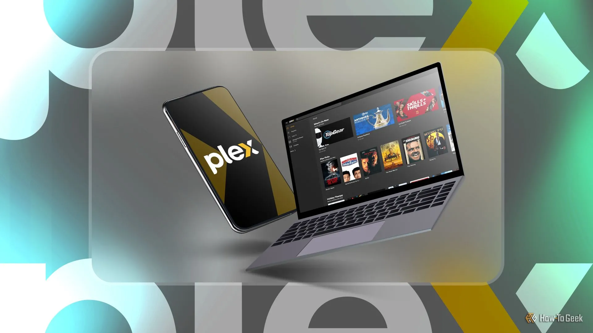 Điện thoại và laptop hiển thị logo cùng giao diện Plex, minh họa khả năng chạy nhiều dịch vụ trên Mini PC.