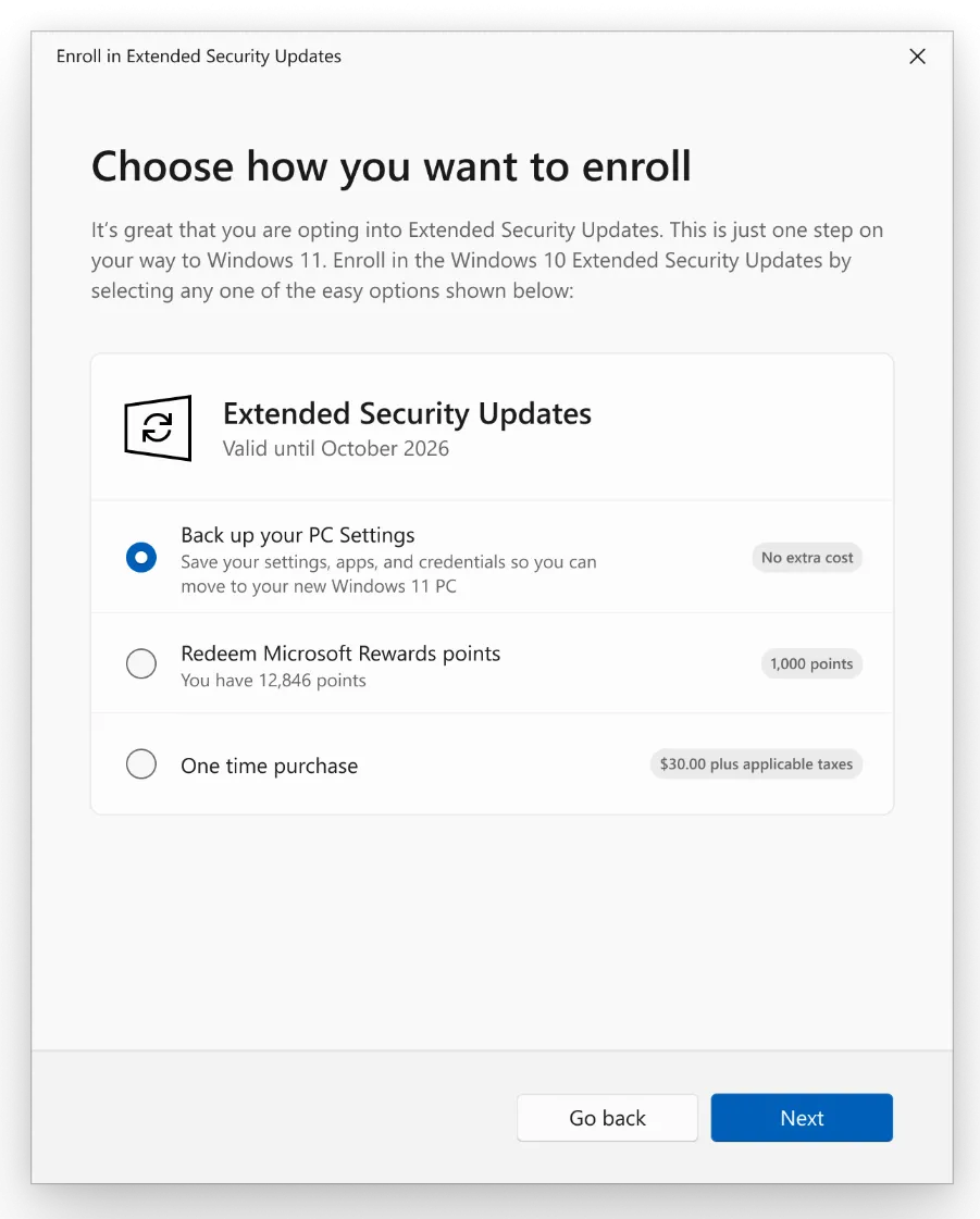Giao diện các tùy chọn đăng ký chương trình Cập nhật Bảo mật Mở rộng (ESU) cho Windows 10 từ Microsoft