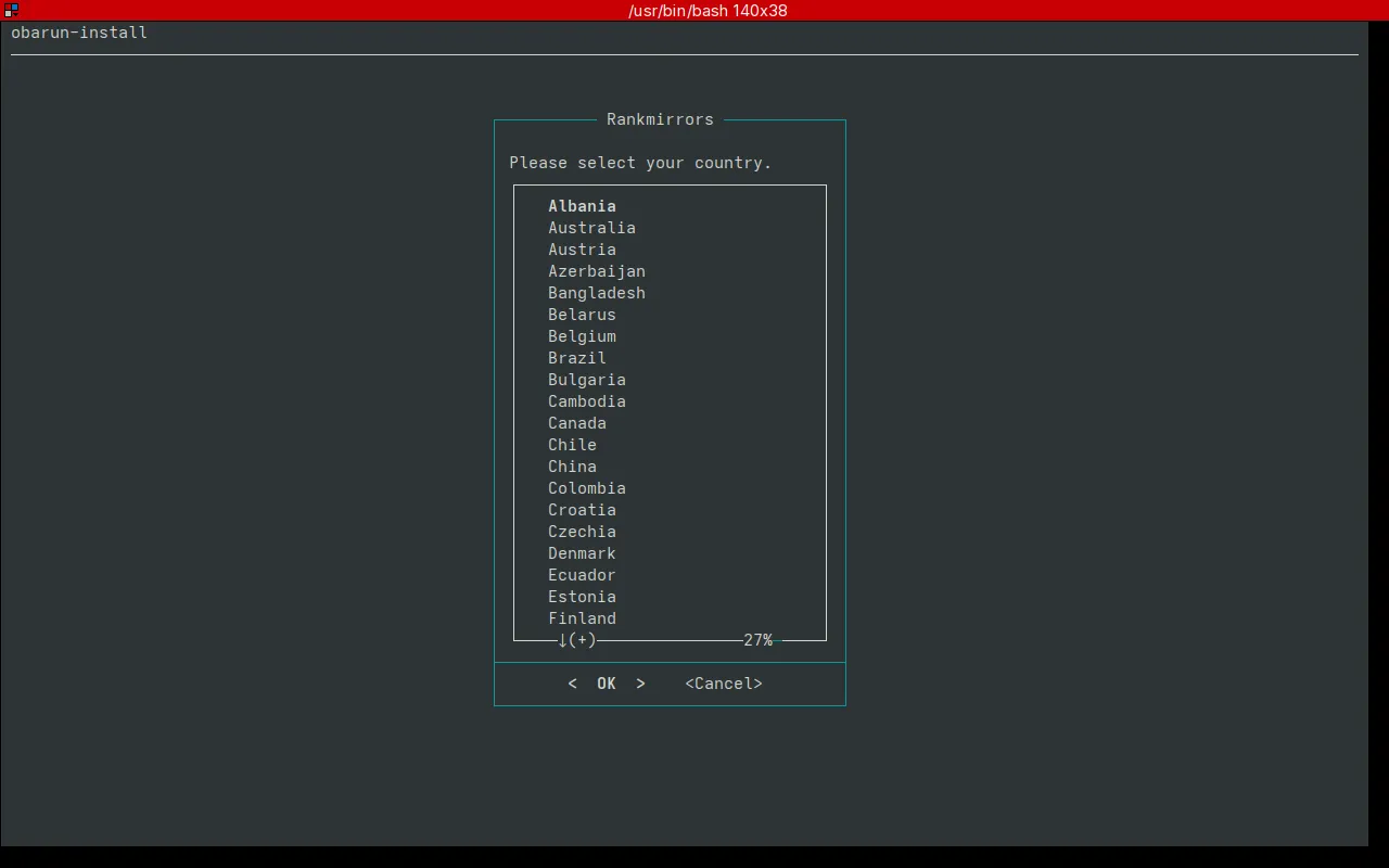 Giao diện chọn quốc gia máy chủ nhân bản trong quá trình cài đặt Obarun Linux