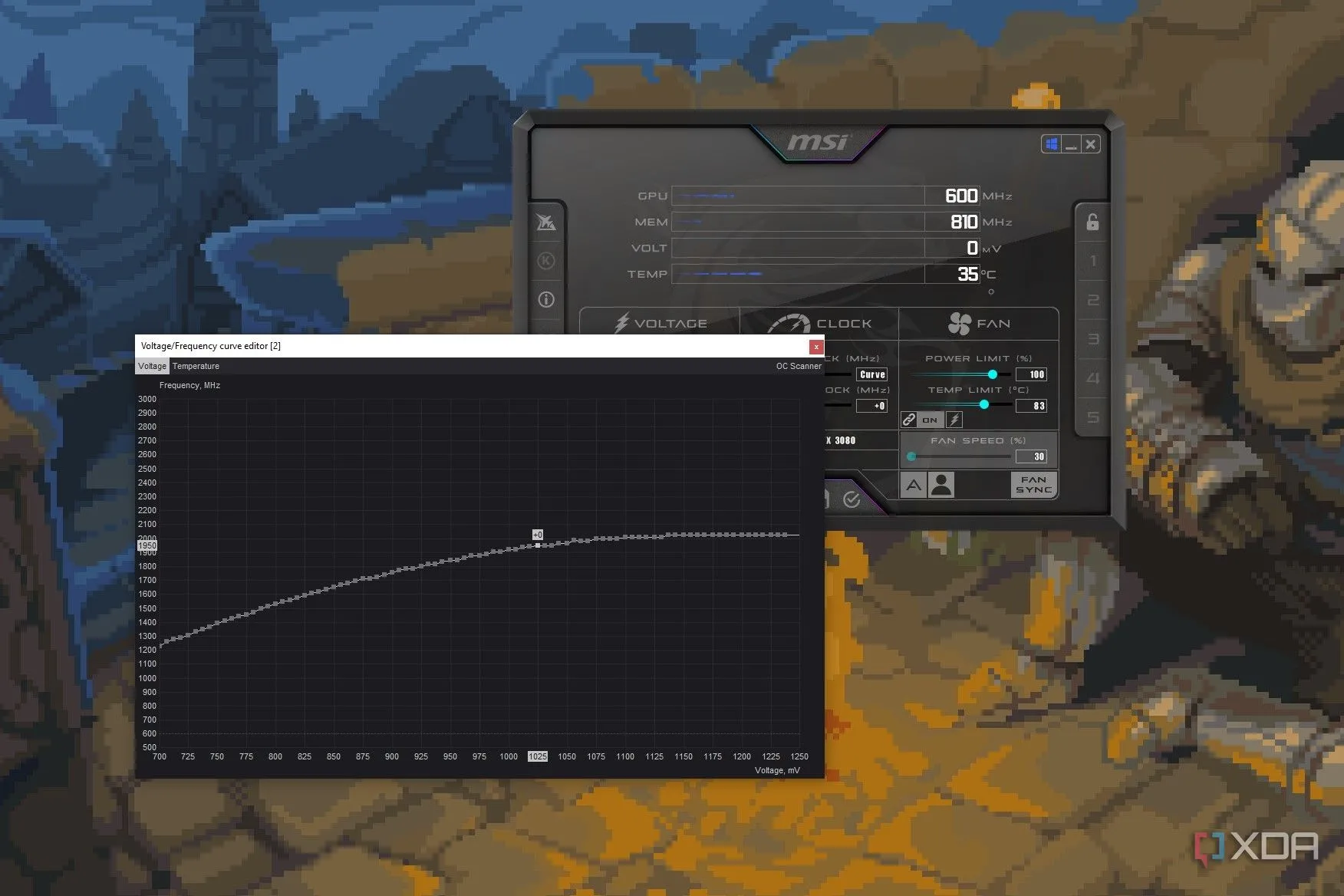 Giao diện Curve Editor trong phần mềm MSI Afterburner, hiển thị cách người dùng có thể tinh chỉnh đường cong điện áp để hạ điện áp (undervolting) GPU
