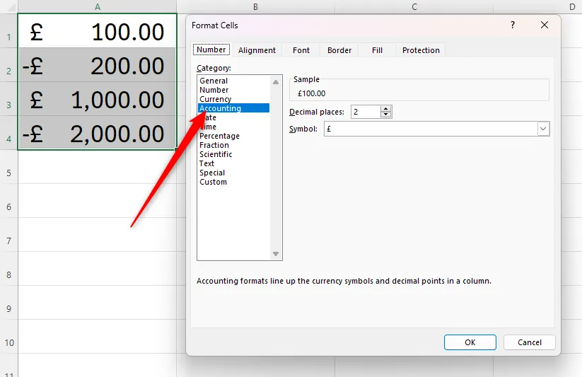 Giao diện hộp thoại Format Cells của Excel, minh họa các thiết lập mặc định cho định dạng Accounting.