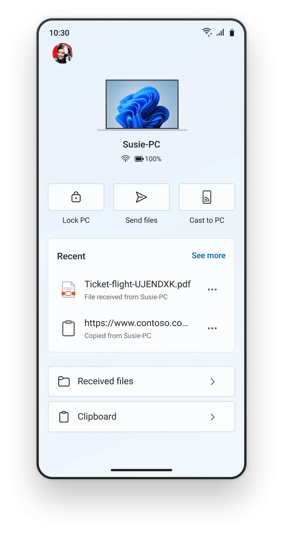 Giao diện mới của ứng dụng Link to Windows trên điện thoại Android, hiển thị tùy chọn điều khiển PC