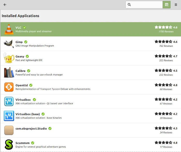 Giao diện quản lý phần mềm (Software Manager) của Linux Mint hiển thị danh sách các ứng dụng sẵn sàng cài đặt.