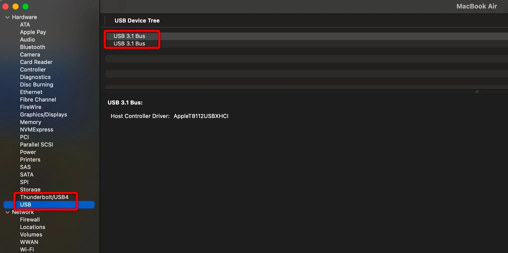 Giao diện System Information trên macOS hiển thị chi tiết các cổng USB và Thunderbolt, giúp người dùng xác định tốc độ cổng USB