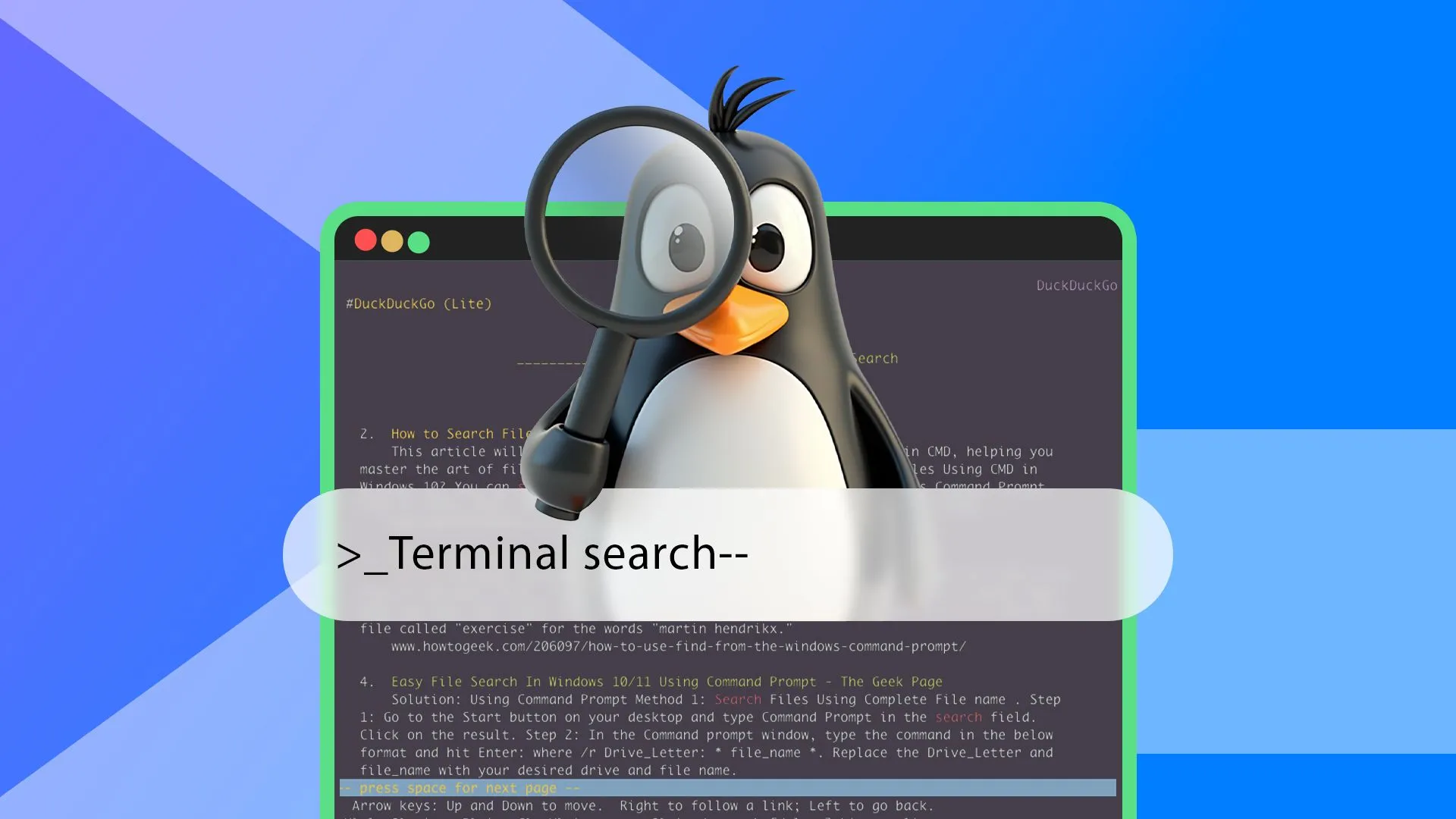 Giao diện Terminal Linux với biểu tượng Tux cầm kính lúp, tượng trưng cho việc tìm kiếm và khám phá kiến thức.