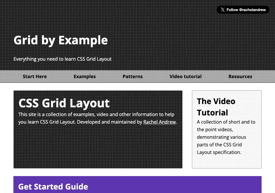 Giao diện trang web Grid by Example với các phần như Examples, Video Tutorial và Get Started Guide.