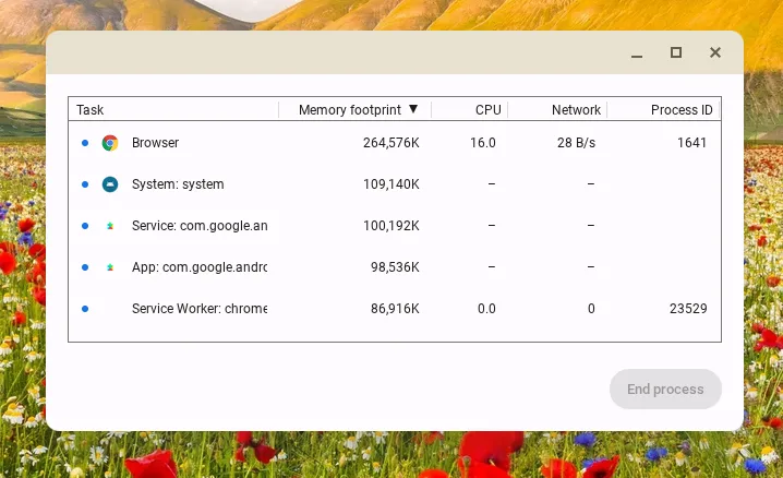 Giao diện Trình quản lý tác vụ (Task Manager) trên ChromeOS